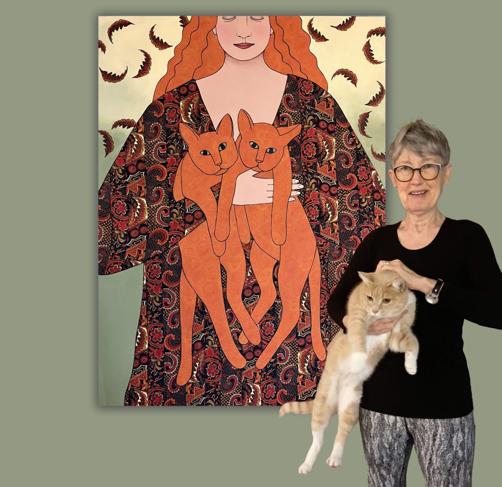 Woman holds a cat in front of a painting of a woman holding a cat